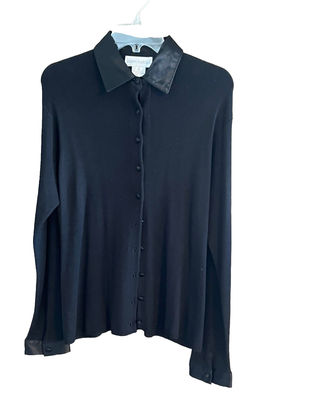 Robert Scott Ltd XL Black Cardigan Sweater Satin Collar Buttons Cuffs Hong Kong