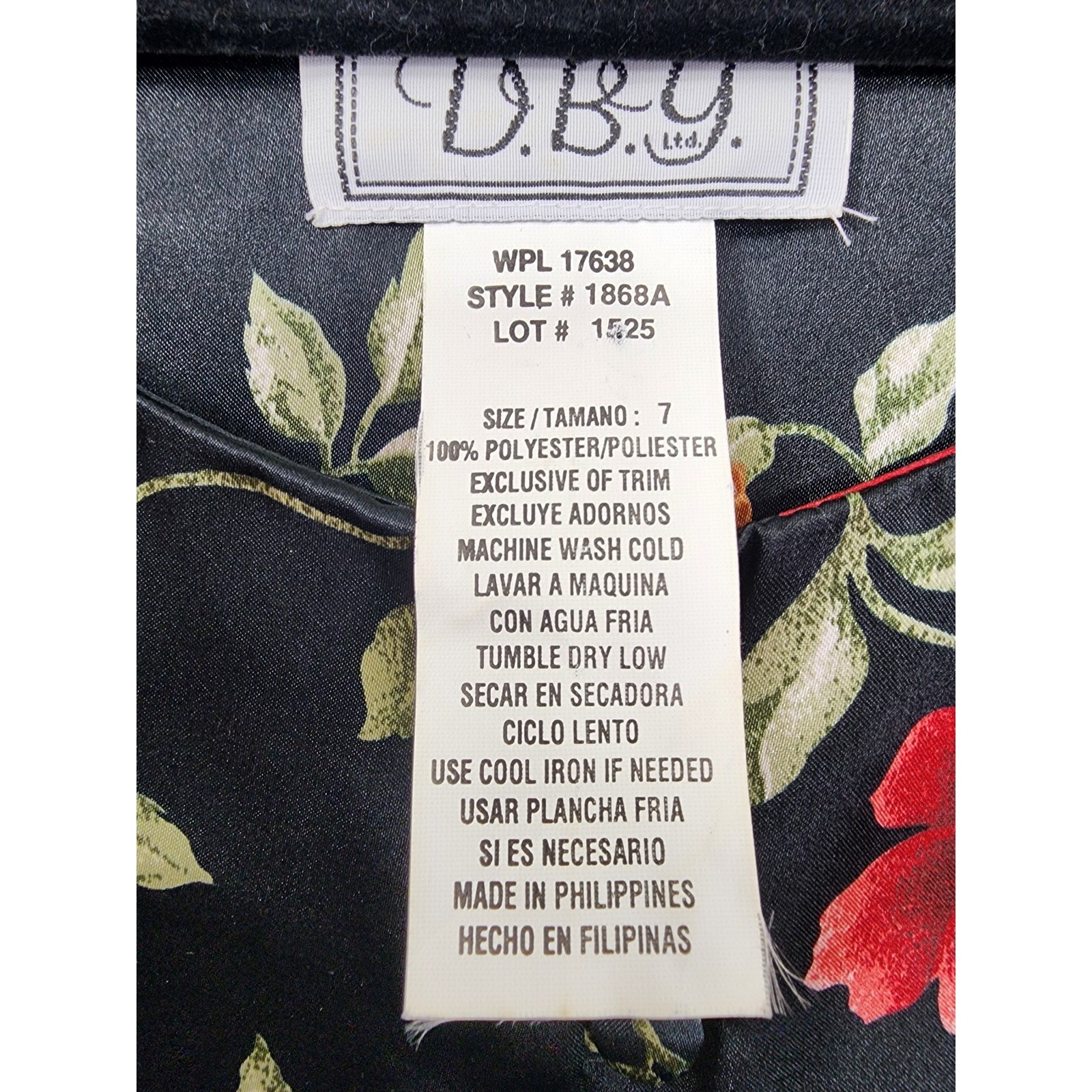 Vintage D.B.Y. LTD Dress Women 7 Juniors Black Floral Satin Tie Back Mini Grunge