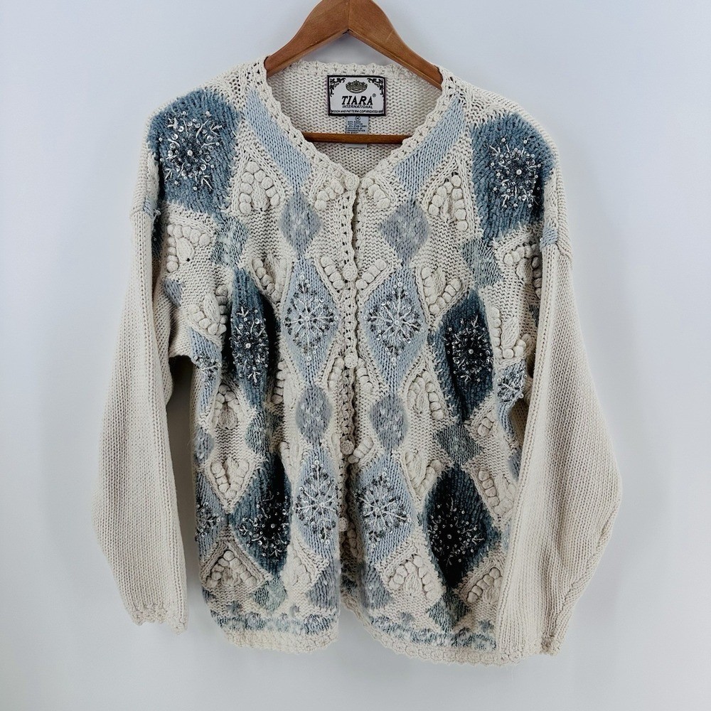 VTG Tiara International Ivory Crochet Sweater Embroidered Boho Cottagecore Sz M