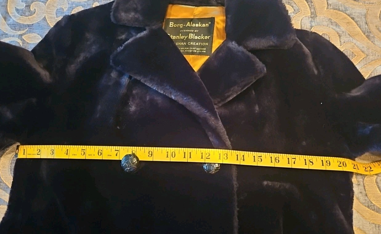 Borg-Alaskan Kashan Stanley Blacker Coat Black Faux Fur Double Breasted Lined