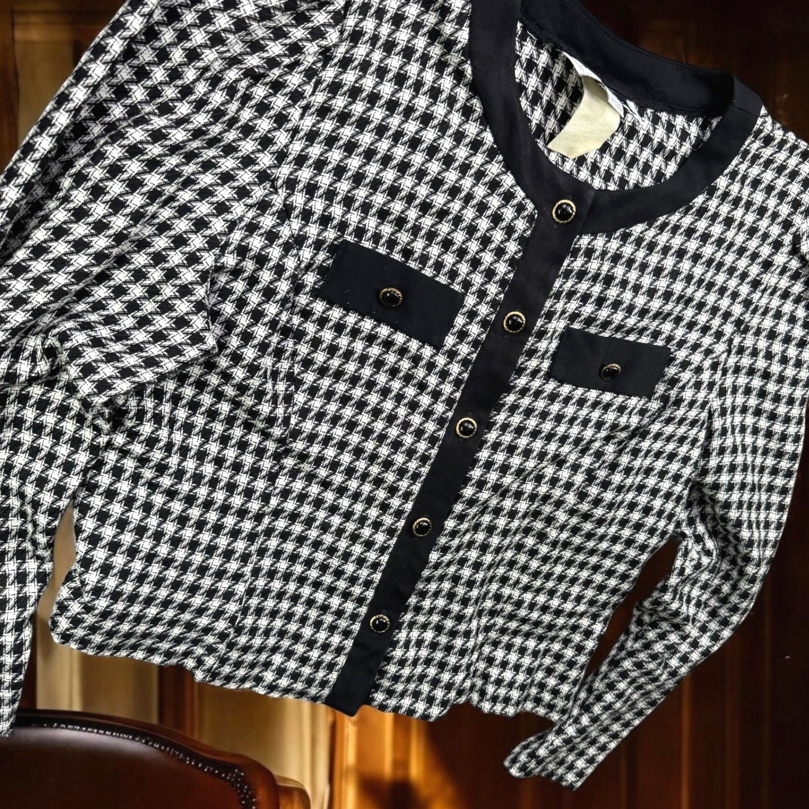 Vintage 80s JT Dress Jacket Women 10 Black Houndstooth Rayon Button Made USA