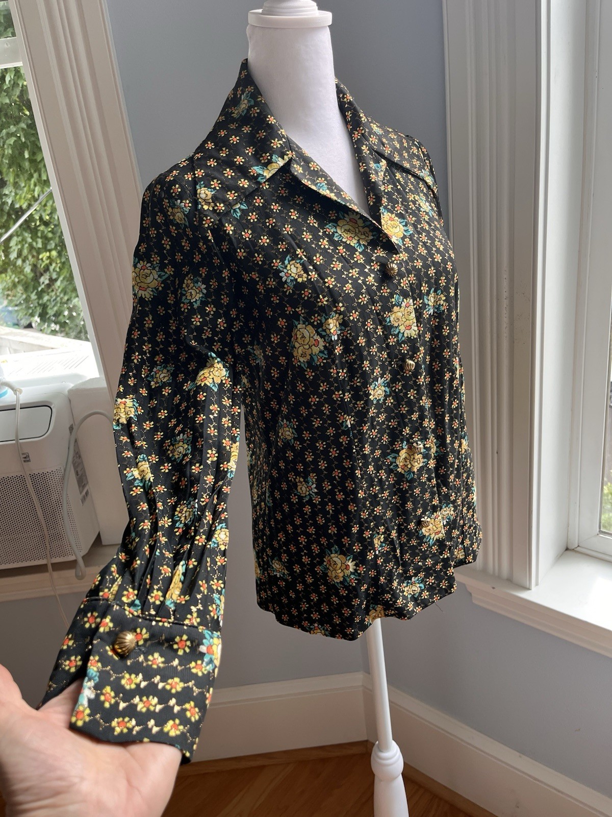 Vintage 70s Psychedelic Metallic Lurex Disco Blouse Mod Gold Floral Shirt Small