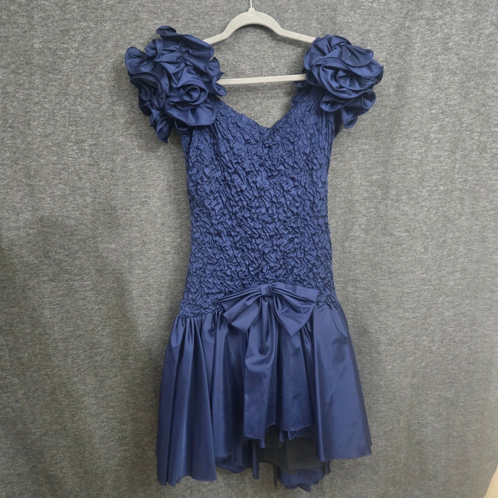 Vtg Union Made Dress Small Blue 80s Prom Party Cocktail Puff Sleeve Drop Waist
