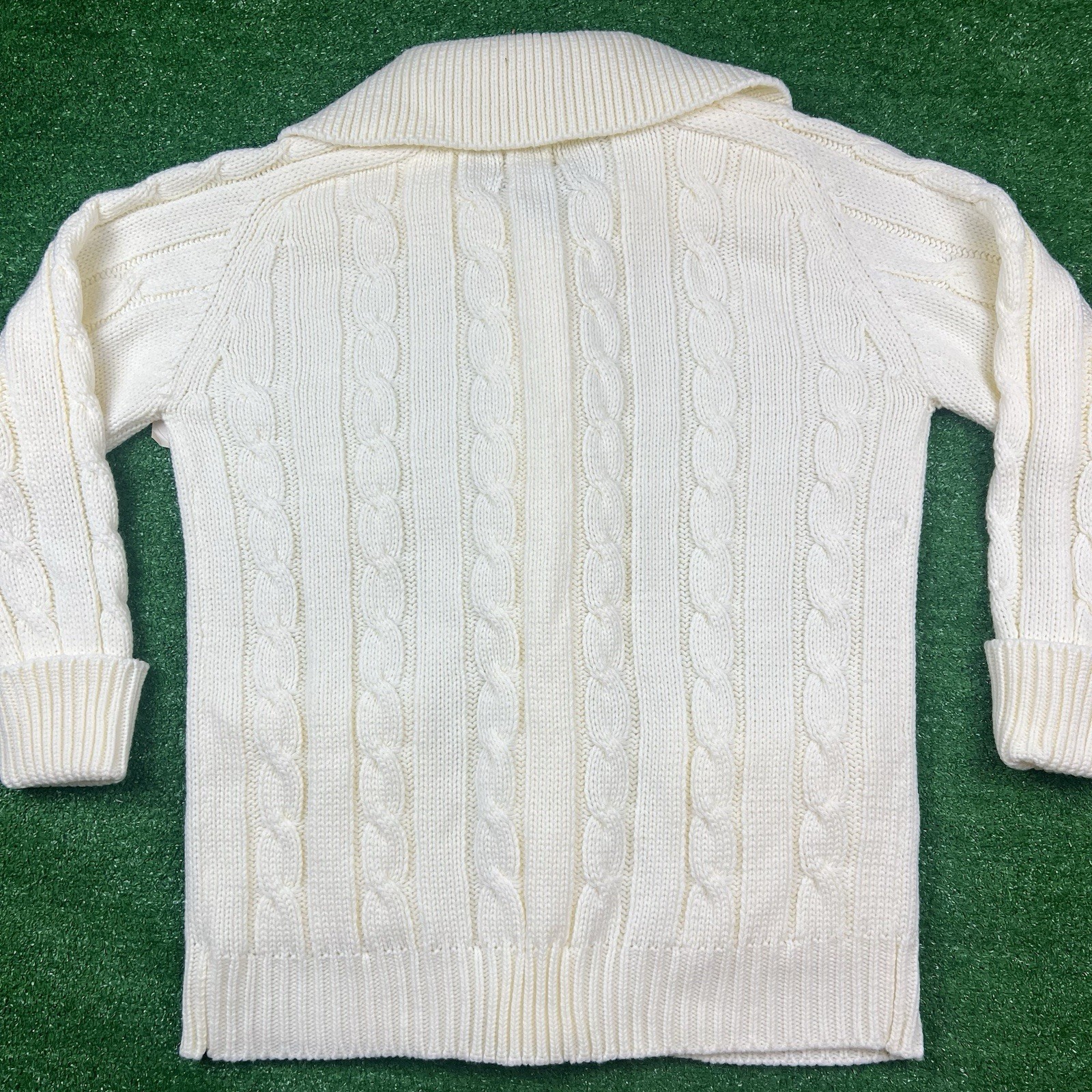 Vintage Sears Ivory Cable-Knit Chunky Fisherman Cardigan Sweater High Neck Sz 42