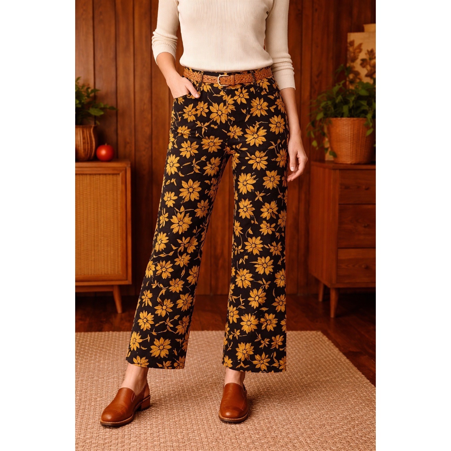 Vintage Carol Brent 60s 70s Mod Floral Pants Black High Waist Boho Retro L Boho