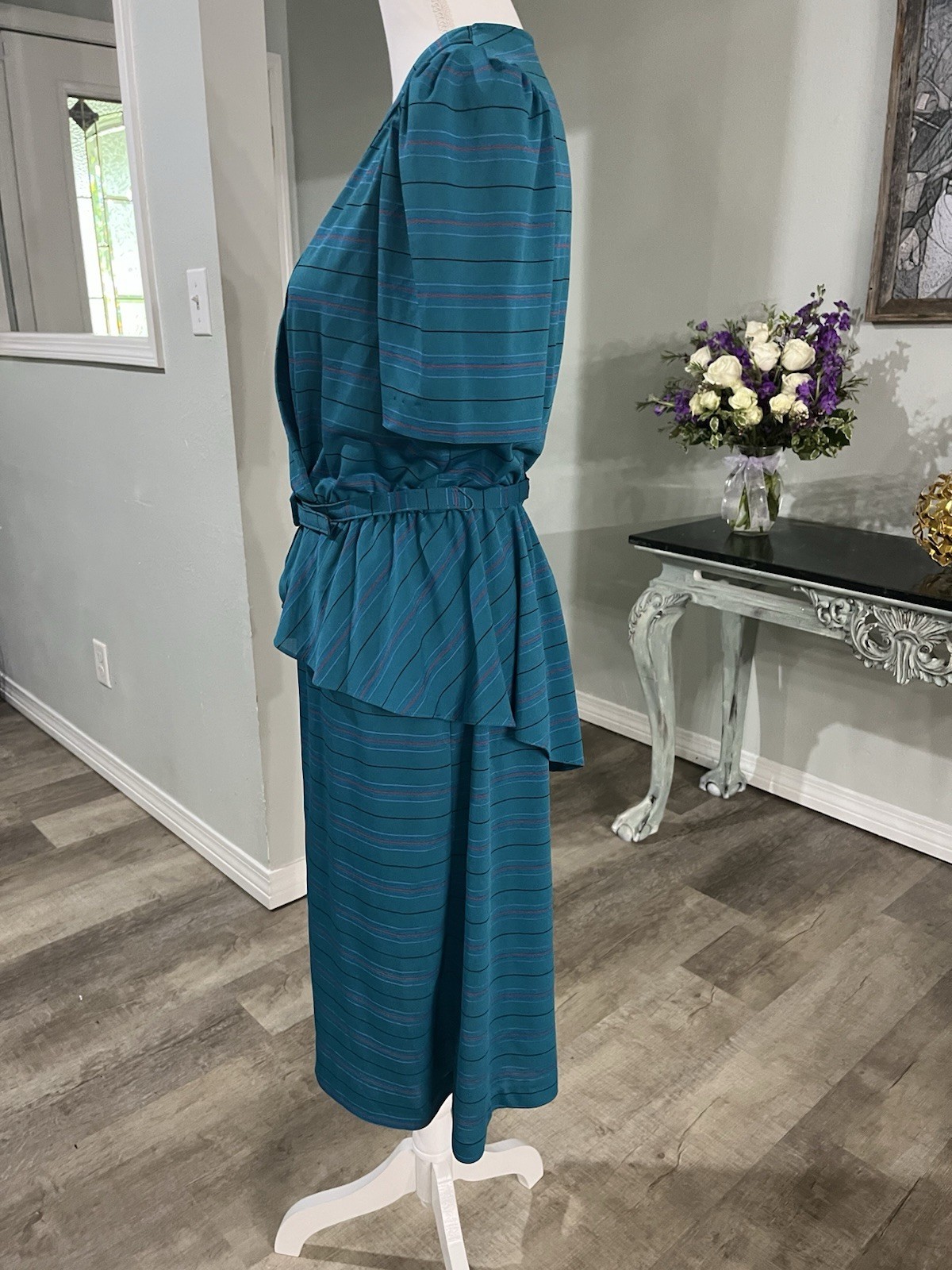 Vintage David Robin by Yvette Teal Peplum Polyester Dress Size 11/12