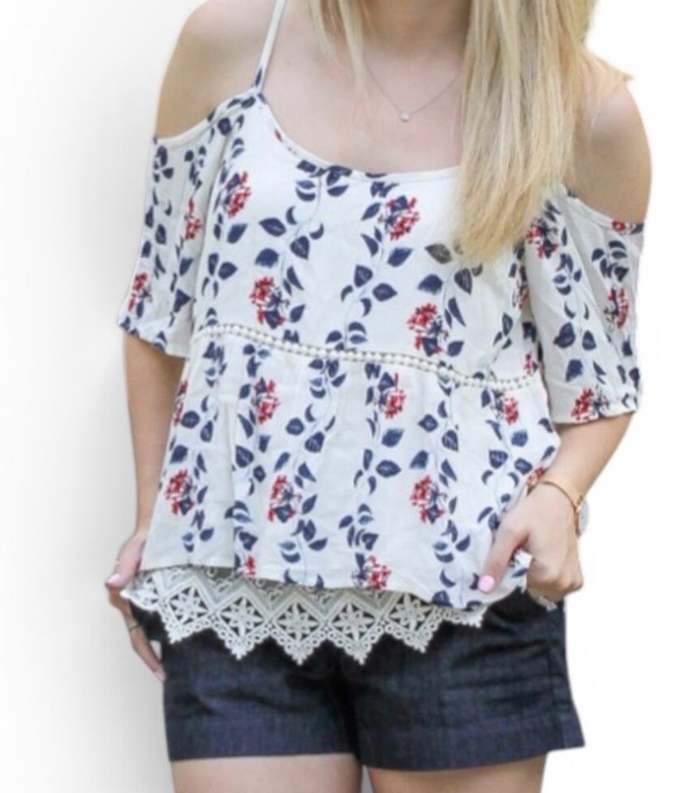 Skies Are Blue Y2K Floral Cold Shoulder Top Crochet Lace Hem Rayon Boho Large