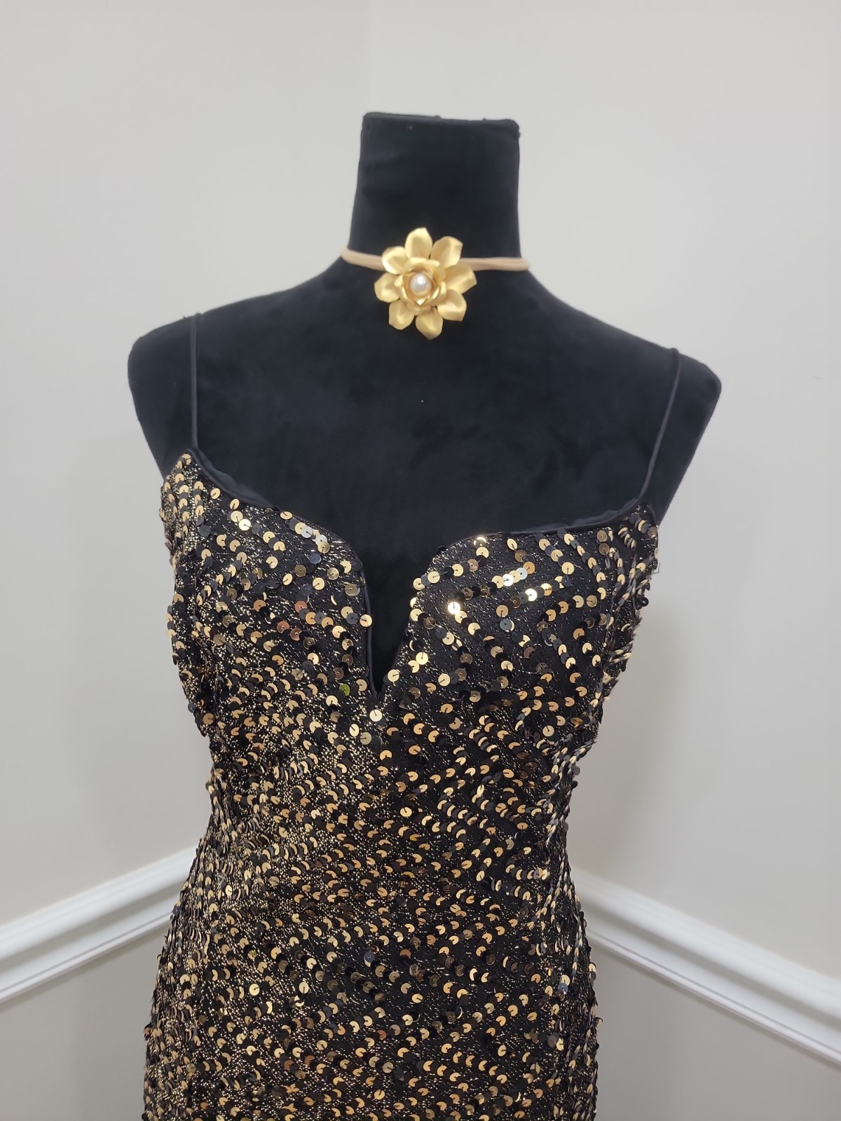Vintage 90s Jessica McClintock Black Gold Sequin Column Maxi Evening Dress