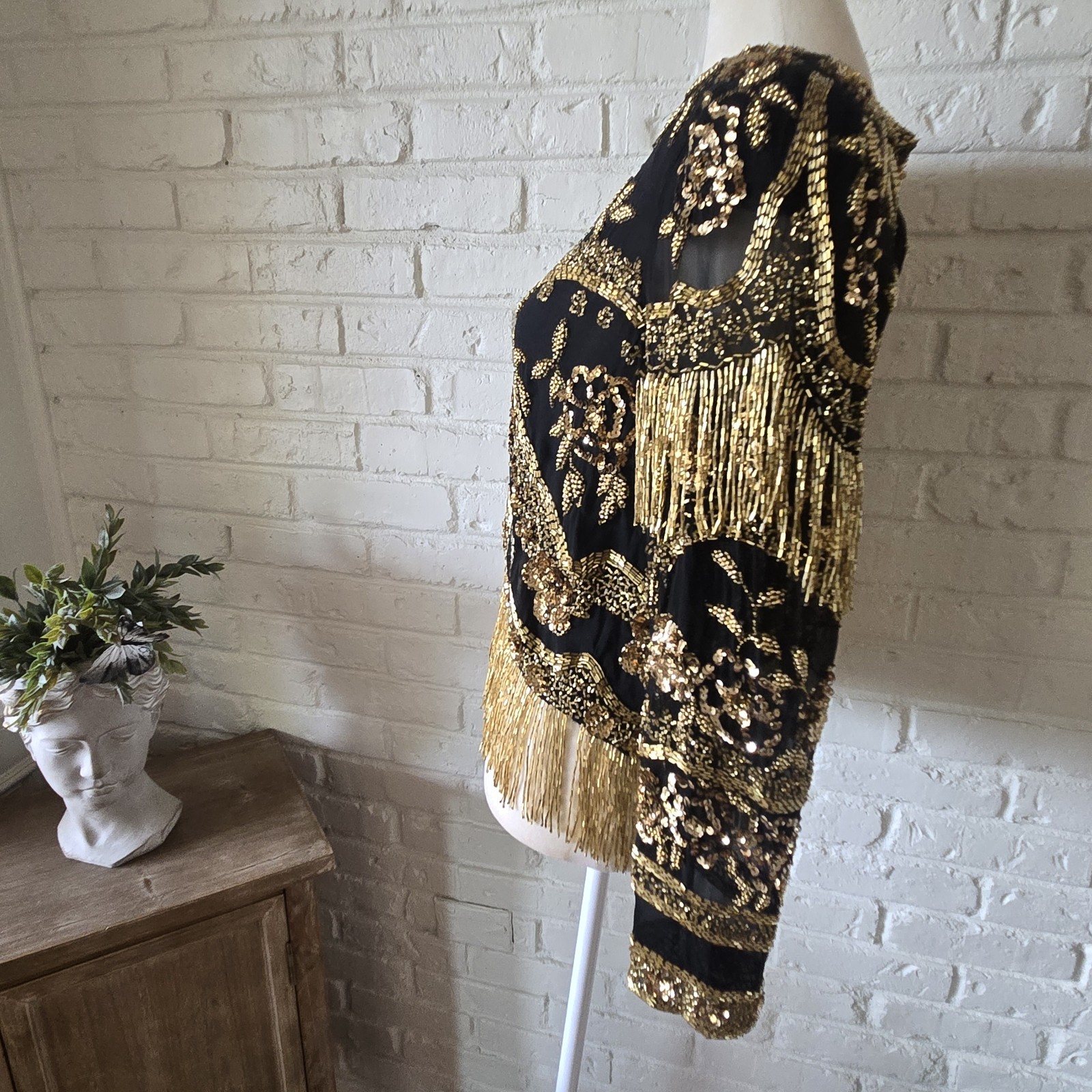 Vtg 80s 100%Silk Gold Embellished Top By Black Tie, S, Party, Formal