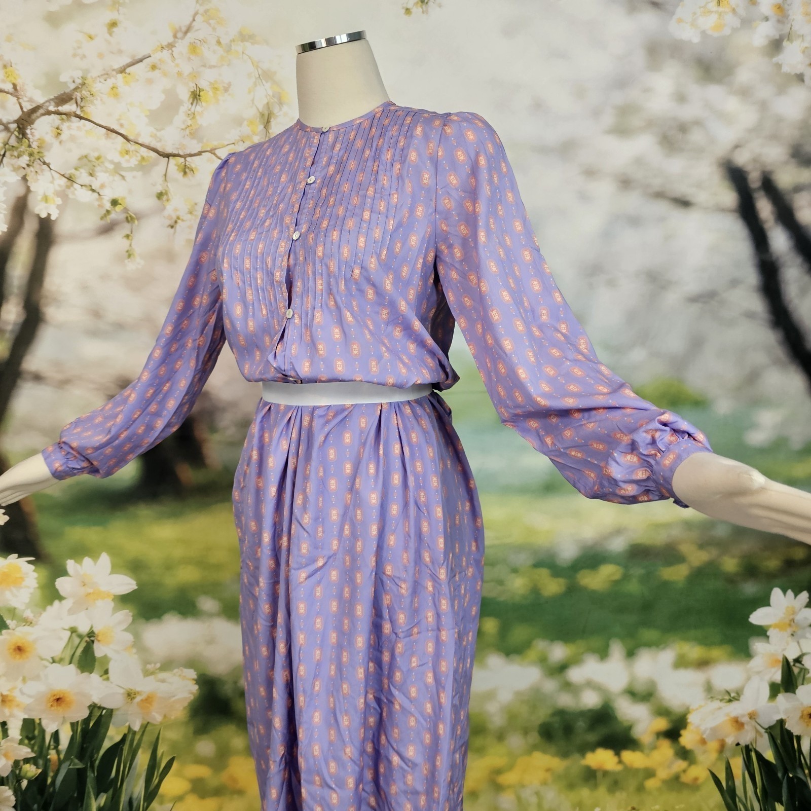 Vintage 1980’s Dress Lilac Purple Print Long Sleeve Silky Retro Button Front