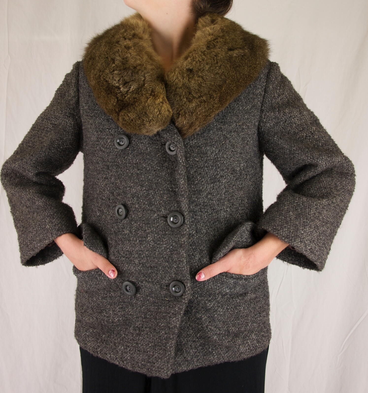 Vintage Mr. Carl Black, Brown & Grey Gray Wool  Jacket with Wide Fur Collar