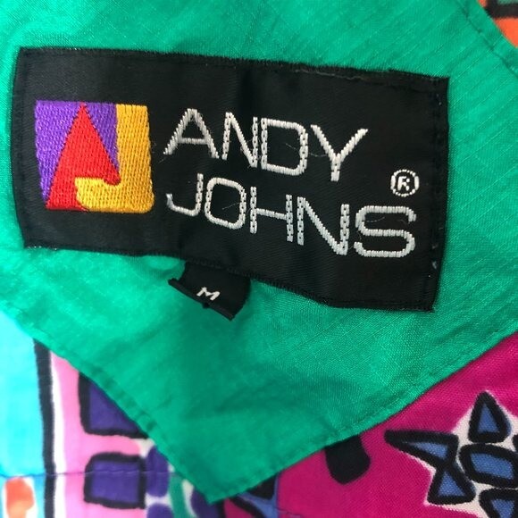Vintage Andy Johns Green Swishy Windbreaker Medium Geometric Lining Zipper 80s