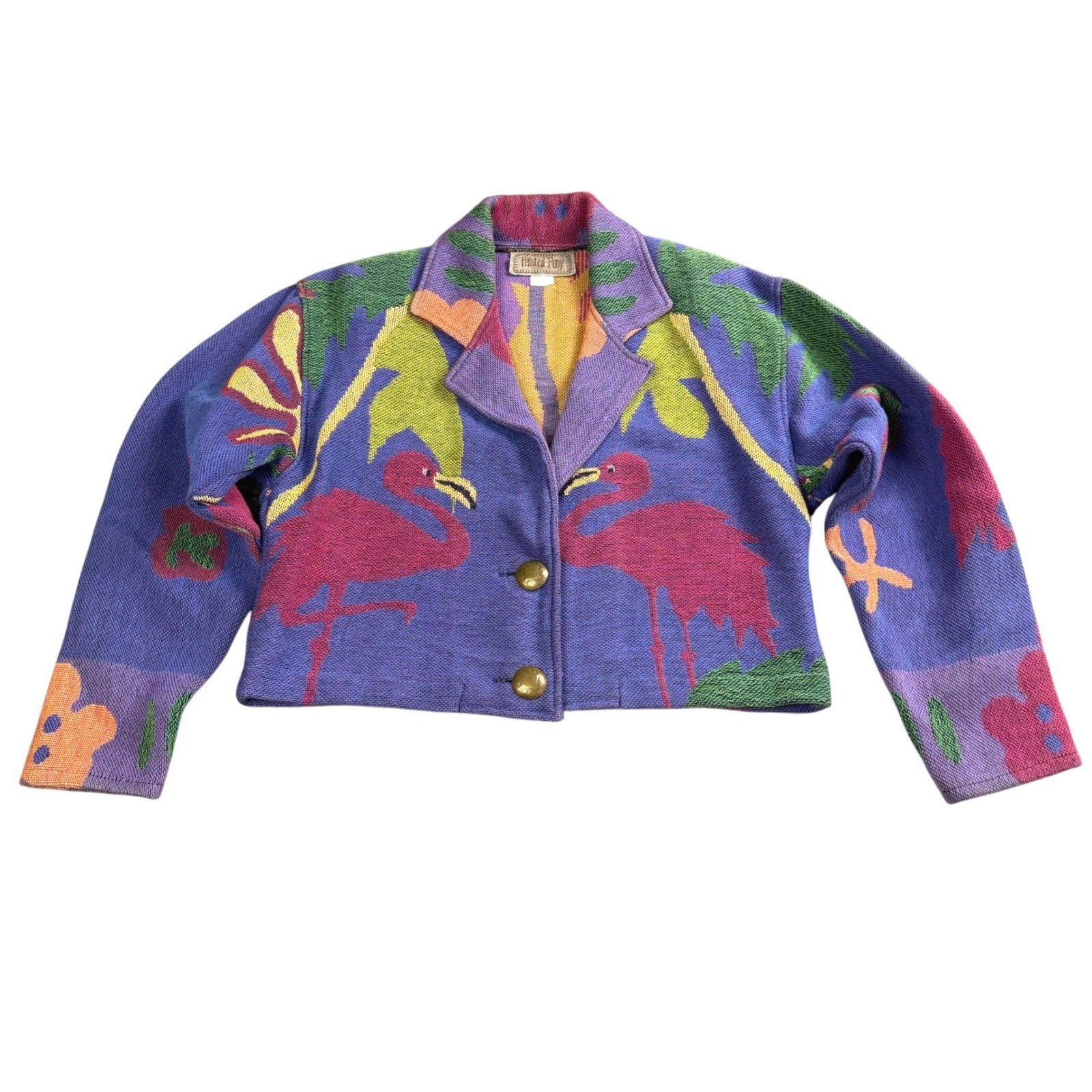 Painted Pony Tapestry Jacket Womens Large Flamingo Tropical Vintage 90s Cropped
