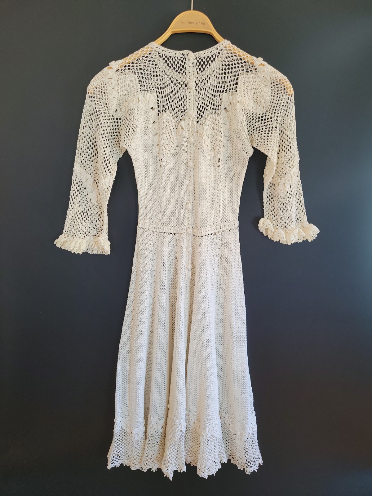Vintage Handmade Crochet Lace Wedding Dress XS Small White Boho Sheer Overlay