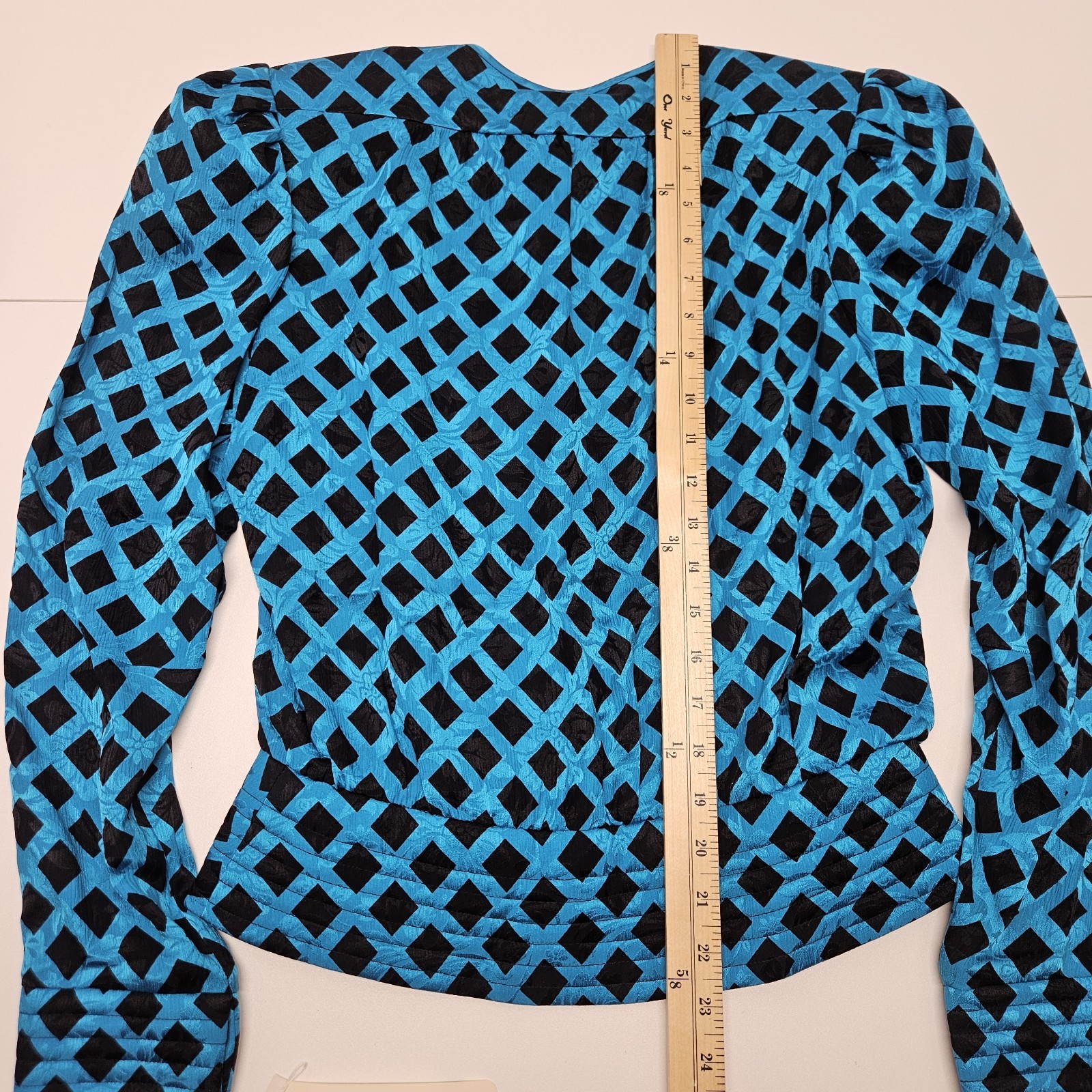 NWT Vtg 80s 100% Silk Jacquard Puff Sleeve Check Top w Scarf Blue Black Sz 10