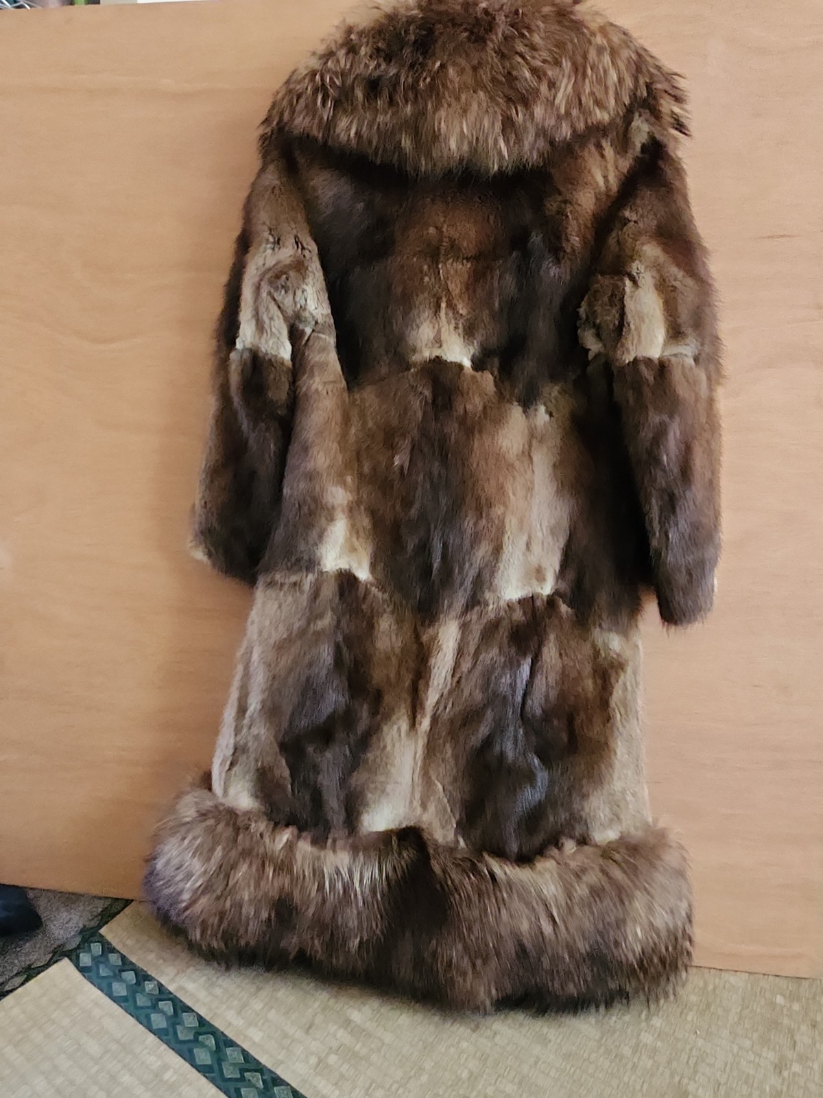 Vintage Rabbit Fur Coat w/ Raccoon Fur Collar & Trim Paisley Lining 41″ -AS IS-