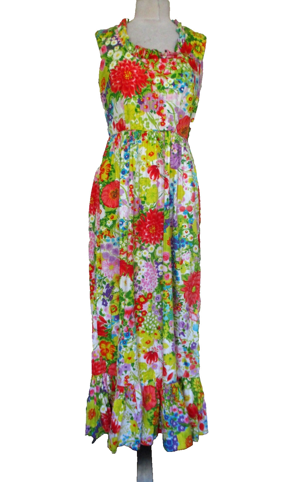 Vintage Concept 70s Swirl Maxi Dress Floral Print S/M Women Ruffle Trim