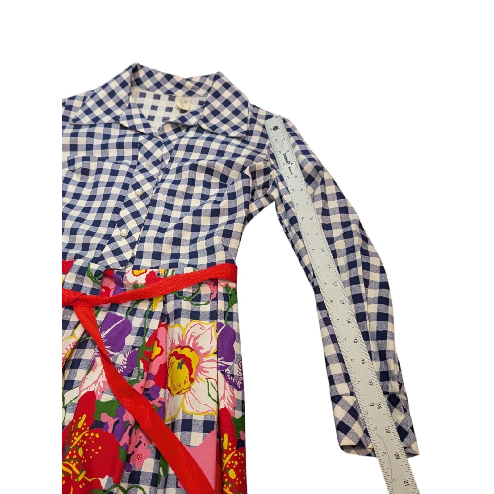 Vintage 70s Gingham Floral Maxi Shirt Dress Navy Blue White Red Belt Long Sleeve