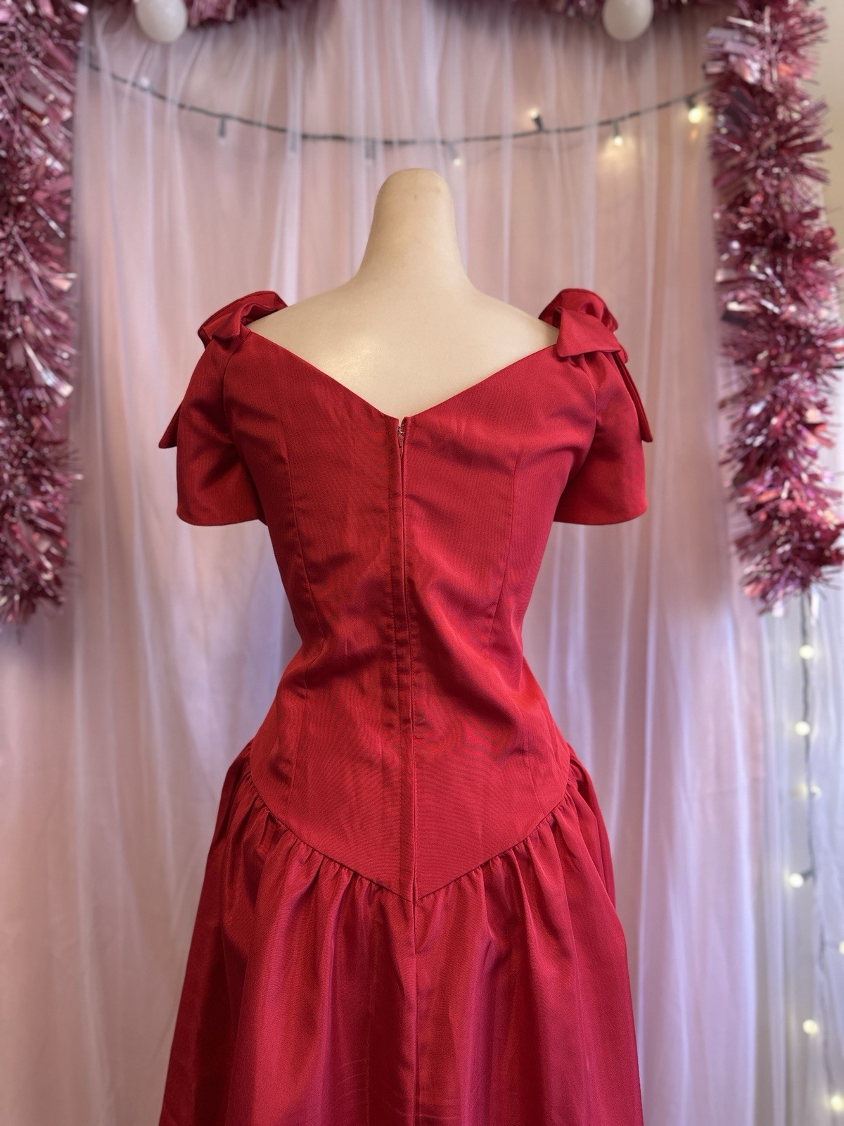 Vintage 80s Party Dress Red Puff Sleeves Bows Knee Length Prom New Wave M