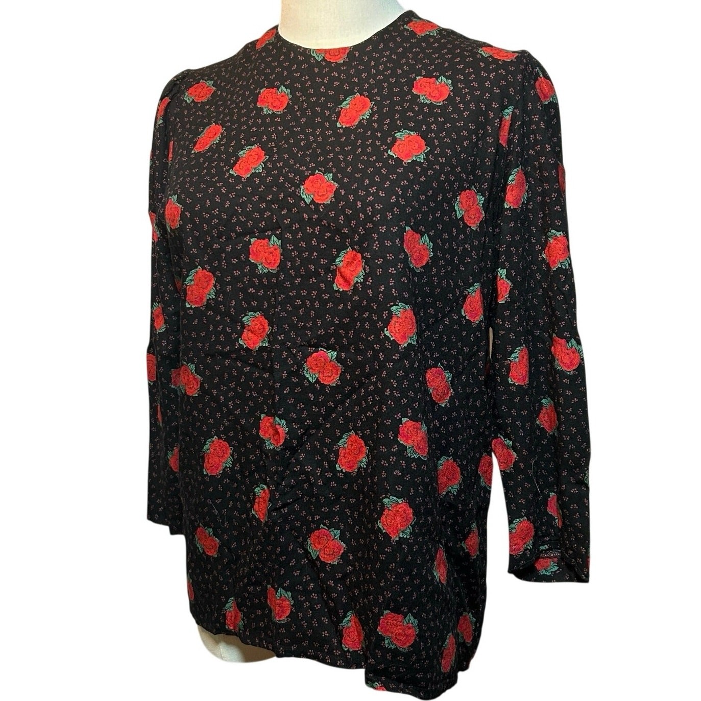 VTG Ms Interpret Black Red Rose Polka Dot Rayon Blouse 12 Whimsygoth Grunge Goth