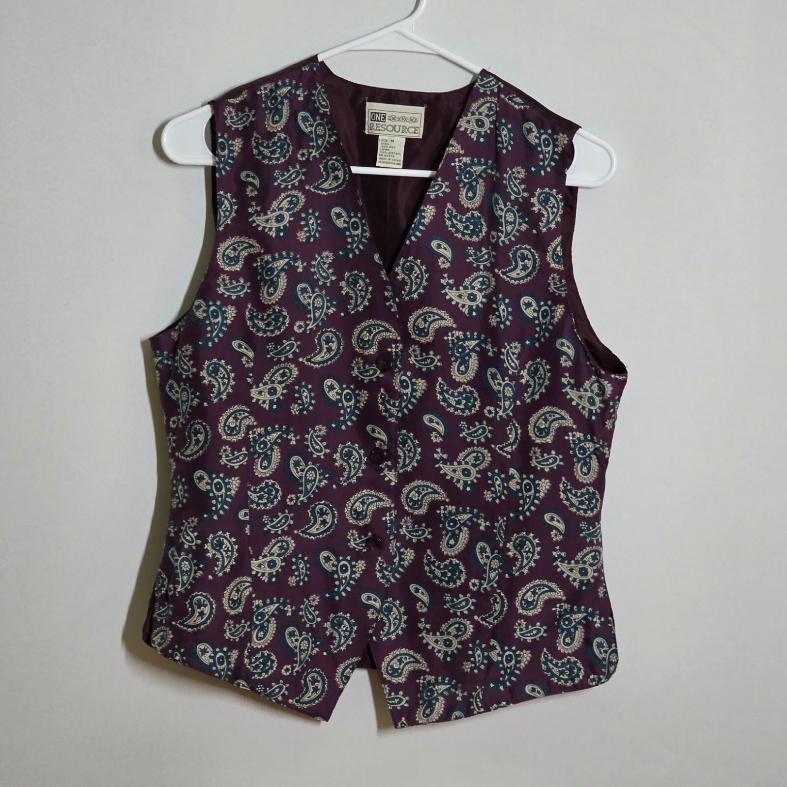 💜 VTG 80s–90s One Resource Silk Vest | Purple Gray Blue Paisley | M | Groovy!!!