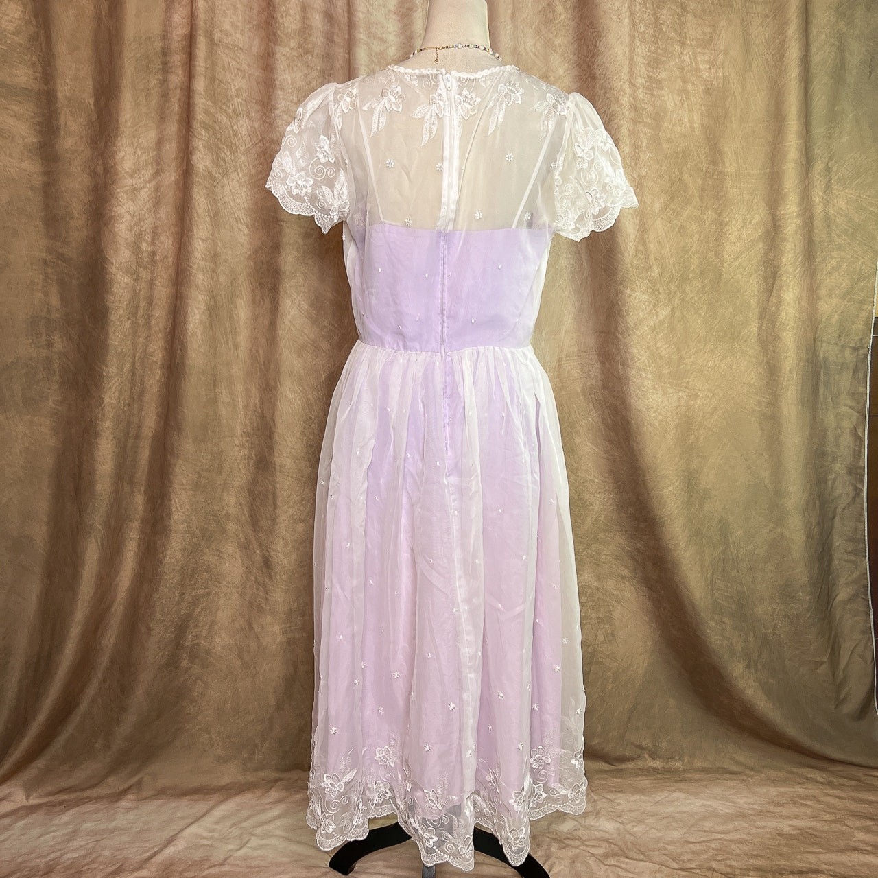 Vintage Coquette Dress 70s Sheer Mesh Floral Embroidered Lavender Tea Party