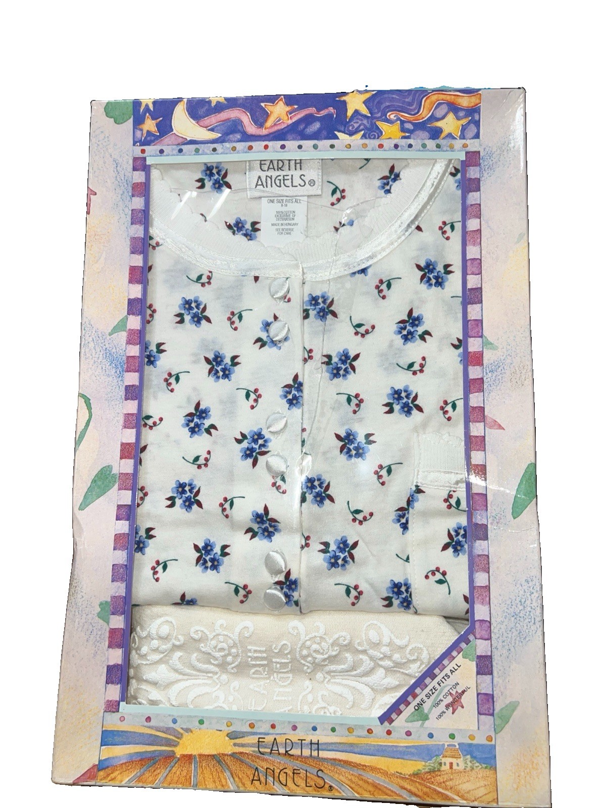 Vtg Earth Angels Floral Nightgown OneSize White/ Blue Satin Buttons & Trim