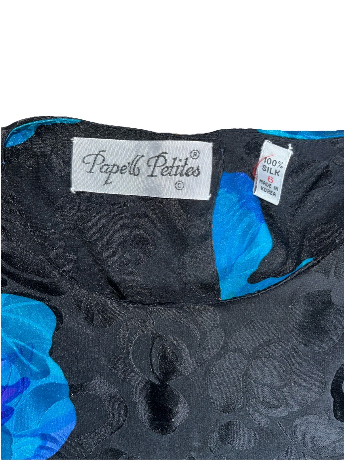 Papell 80’s Silk Dress Size 6 Black Floral Pleated Cinched Waist Cocktail Party