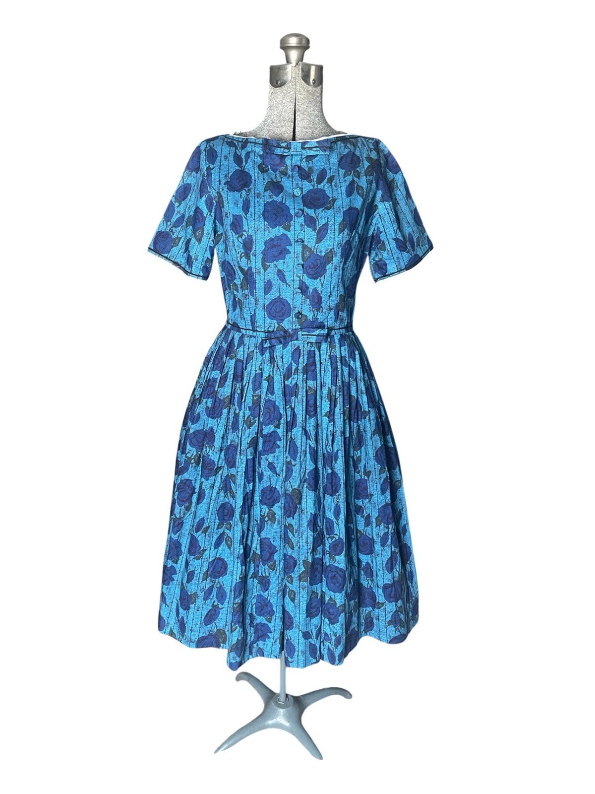 Vintage 1950’s Jewel Tone Blue Rose FULL SKIRT Party Rockabilly Easter Dress