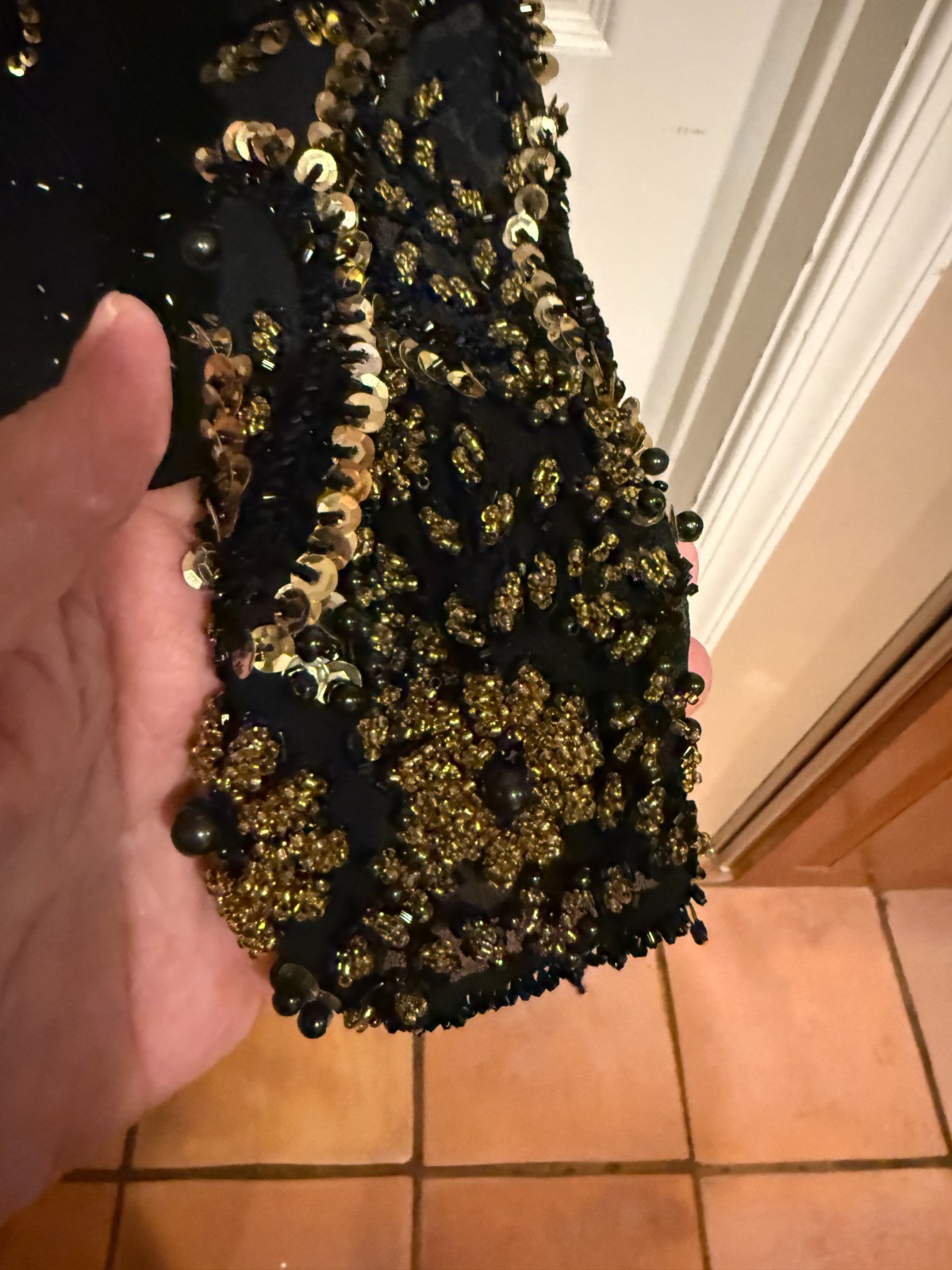 VINTAGE EVENING GOWN BALUCHI SZ 16 LONG SLEEVES BLACK BEADED LINED GOWN HEAVY