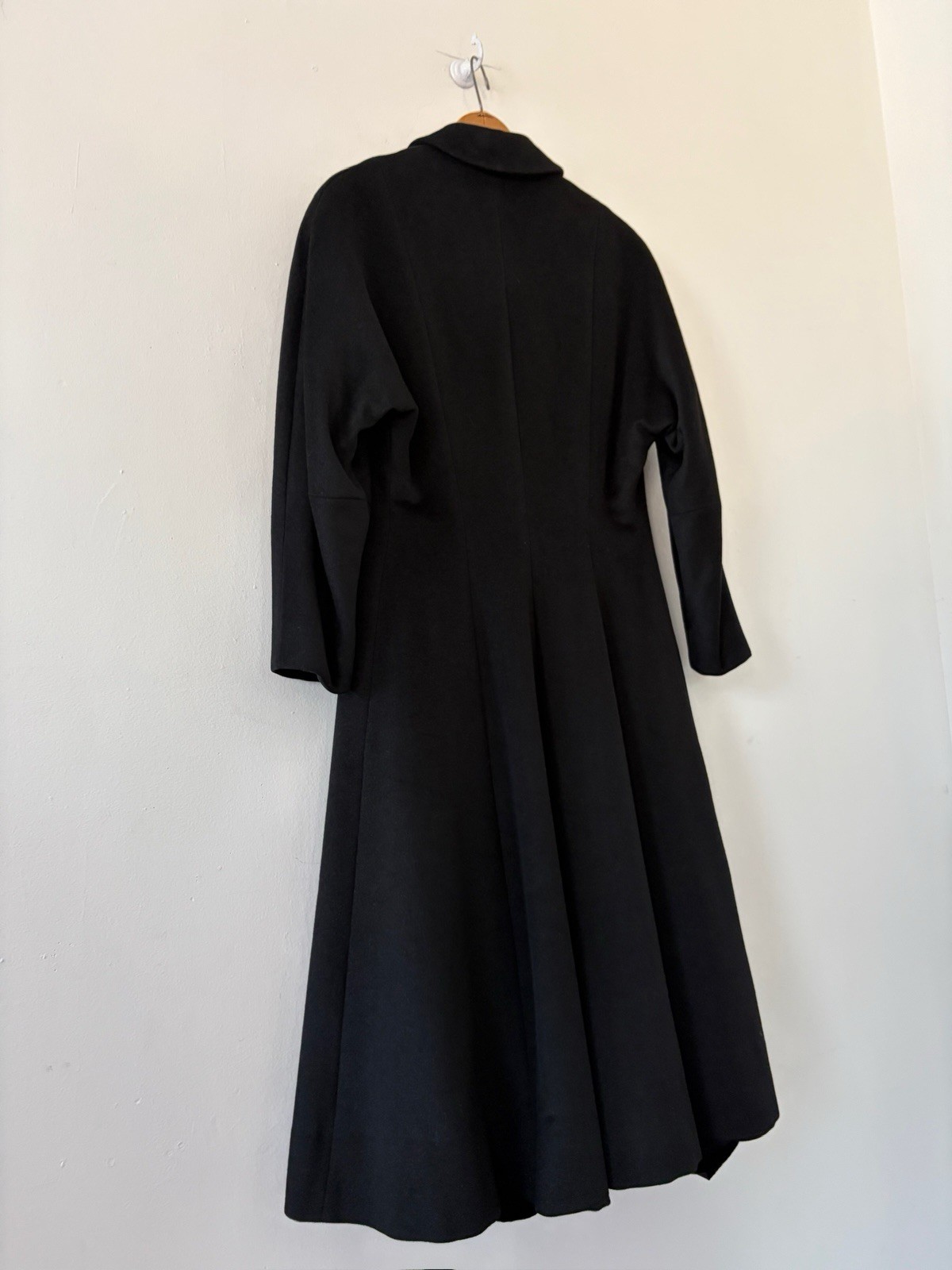 Vintage 1950s Black Wool Swing Coat Dress Princess Line Appliqué Formal New Look