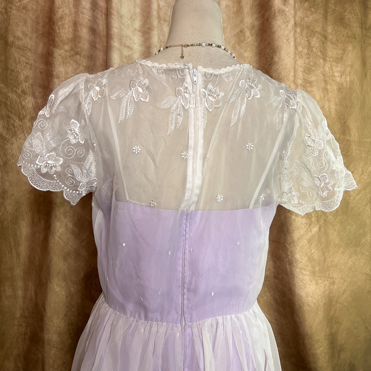 Vintage Coquette Dress 70s Sheer Mesh Floral Embroidered Lavender Tea Party