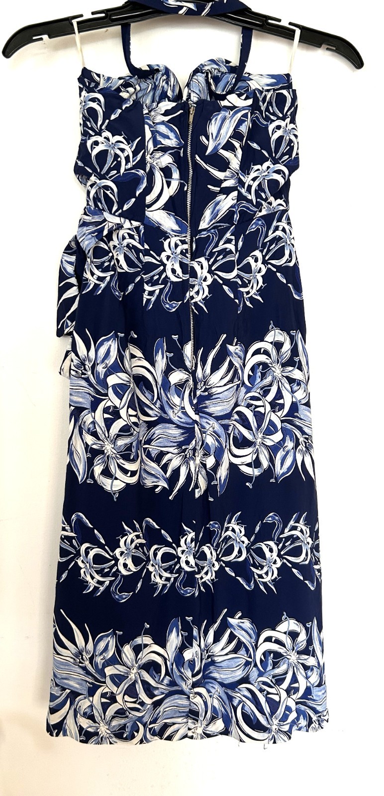 Vintage 50’s Navy Blue White 100% Rayon Sarong style dress Lily print Size S-M
