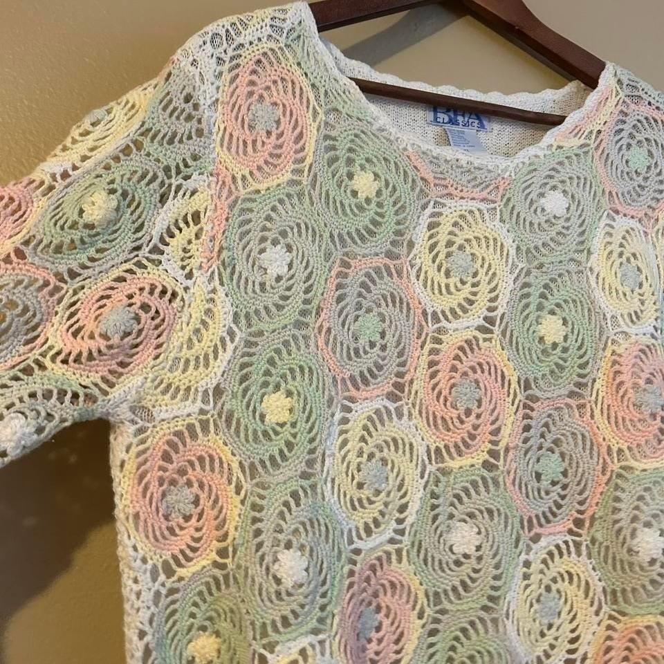 Vintage Pastel Crochet Sweater Top XL Sweater Dress Fairy Cotton/Ramie Blend