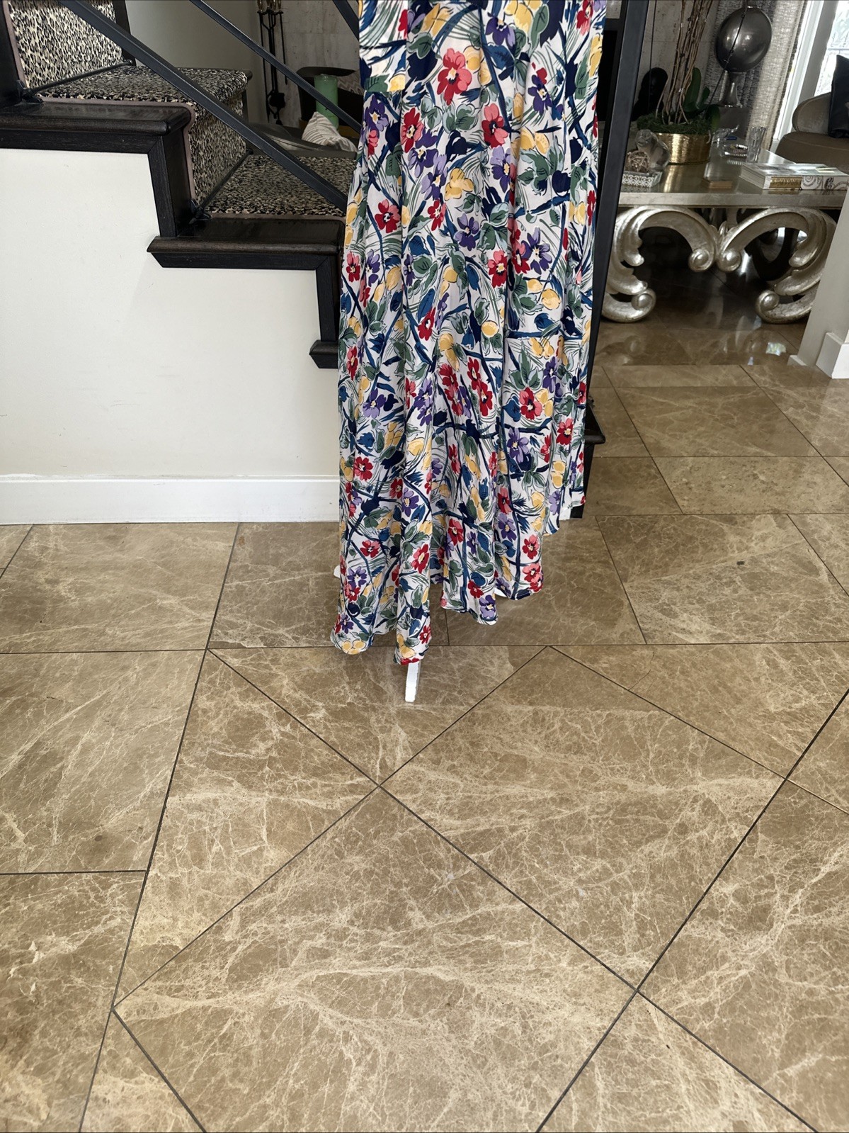 Norma Kamali 80s Floral Print Rayon High Low Long Dress Pussy Bow Keyhole Neck S