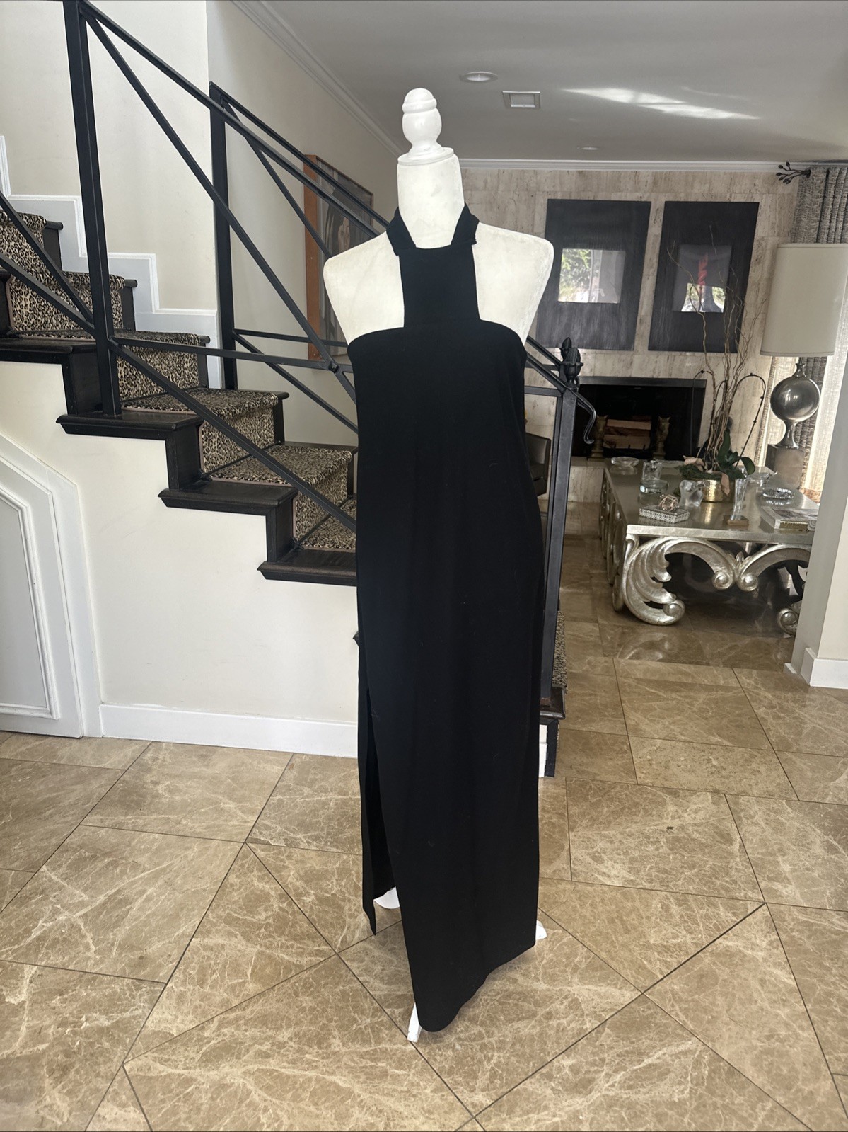 Phyllis Sues 70s Black Wool Crepe Halter Racerback Black Maxi Dress Sz 12 S/M