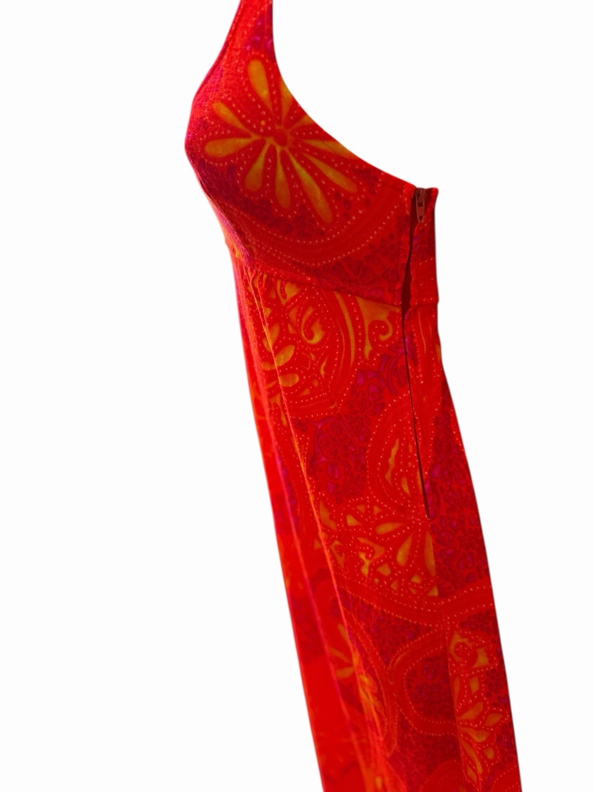 Vtg 70s Tropical Psychedelic Print Maxi Dress Xs/S Orange Sleeveless Stretch