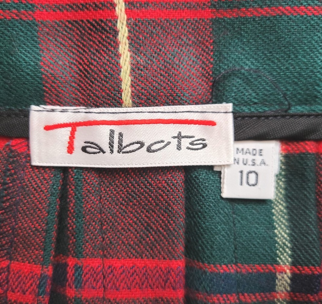Vintage Talbots 100% Wool Red/Green/Black Plaid Pleated Skirt Size 10
