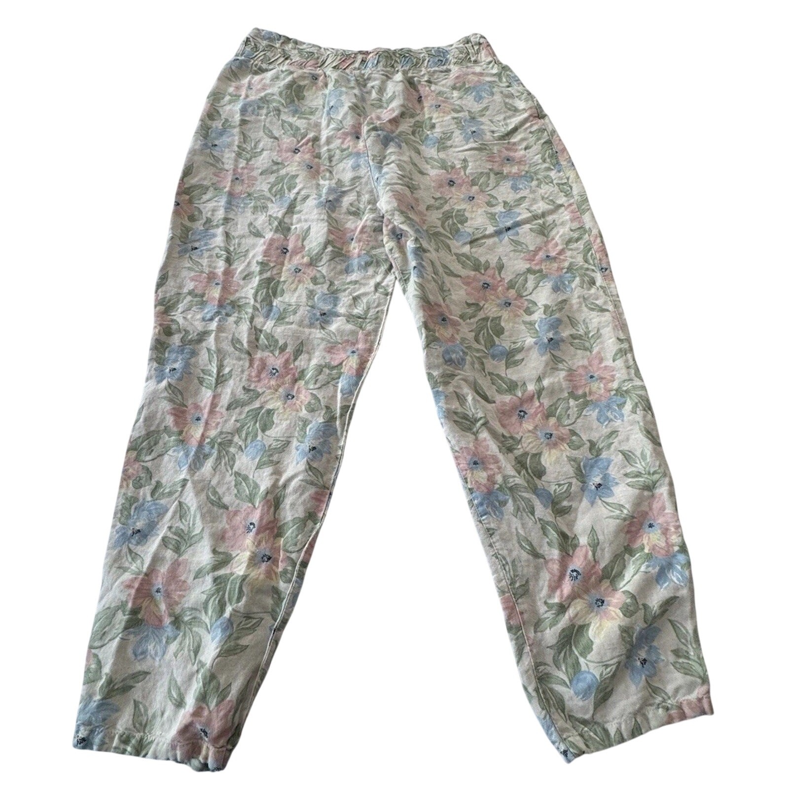 Vintage 90s Pastel Floral Linen Pants TARAZZIA Size Large Cottage Coastal Boho