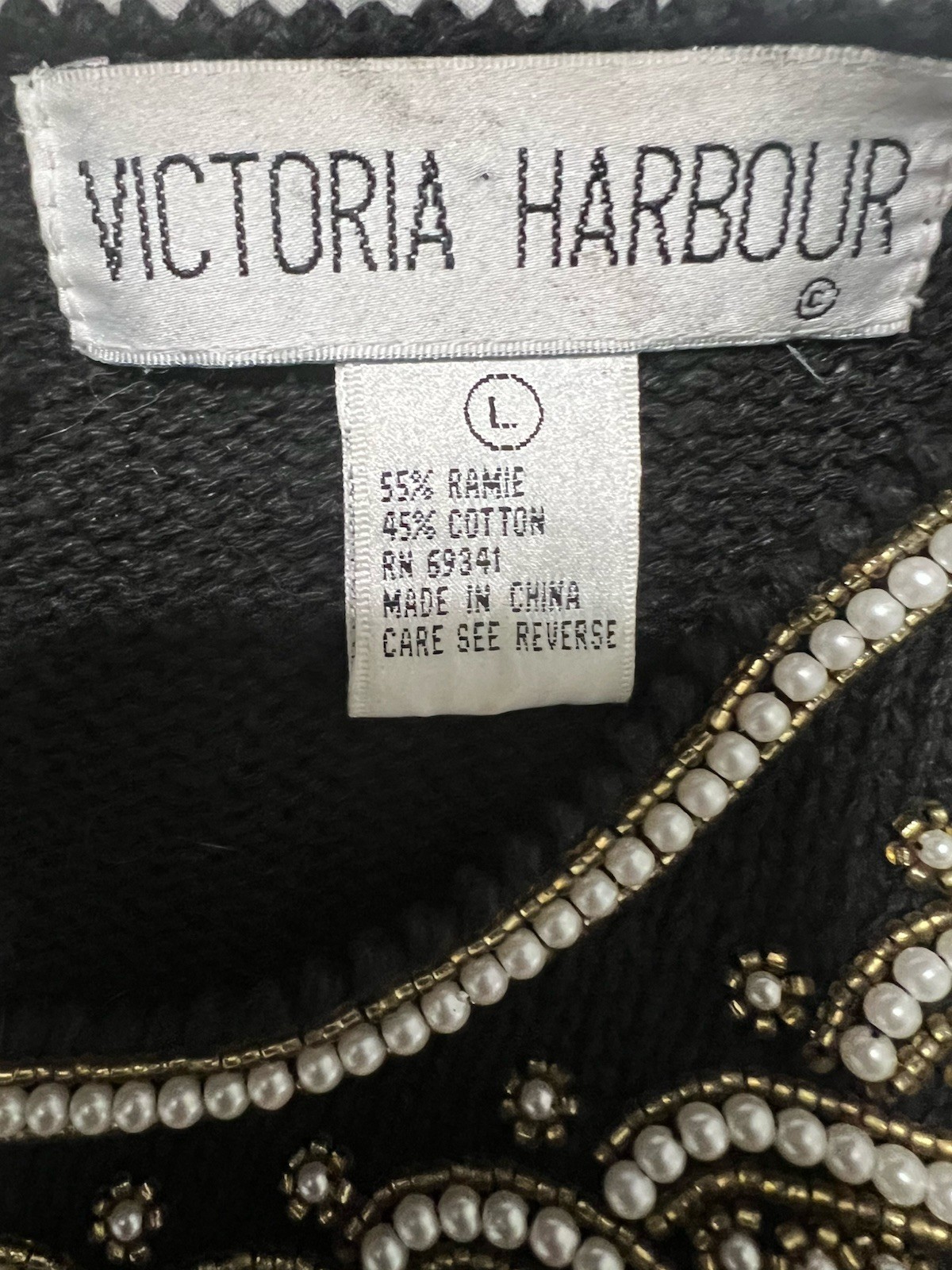 VTG Victoria Harbour 80s Beaded Sweater Tunic Medium Black Pearls Elegant Party