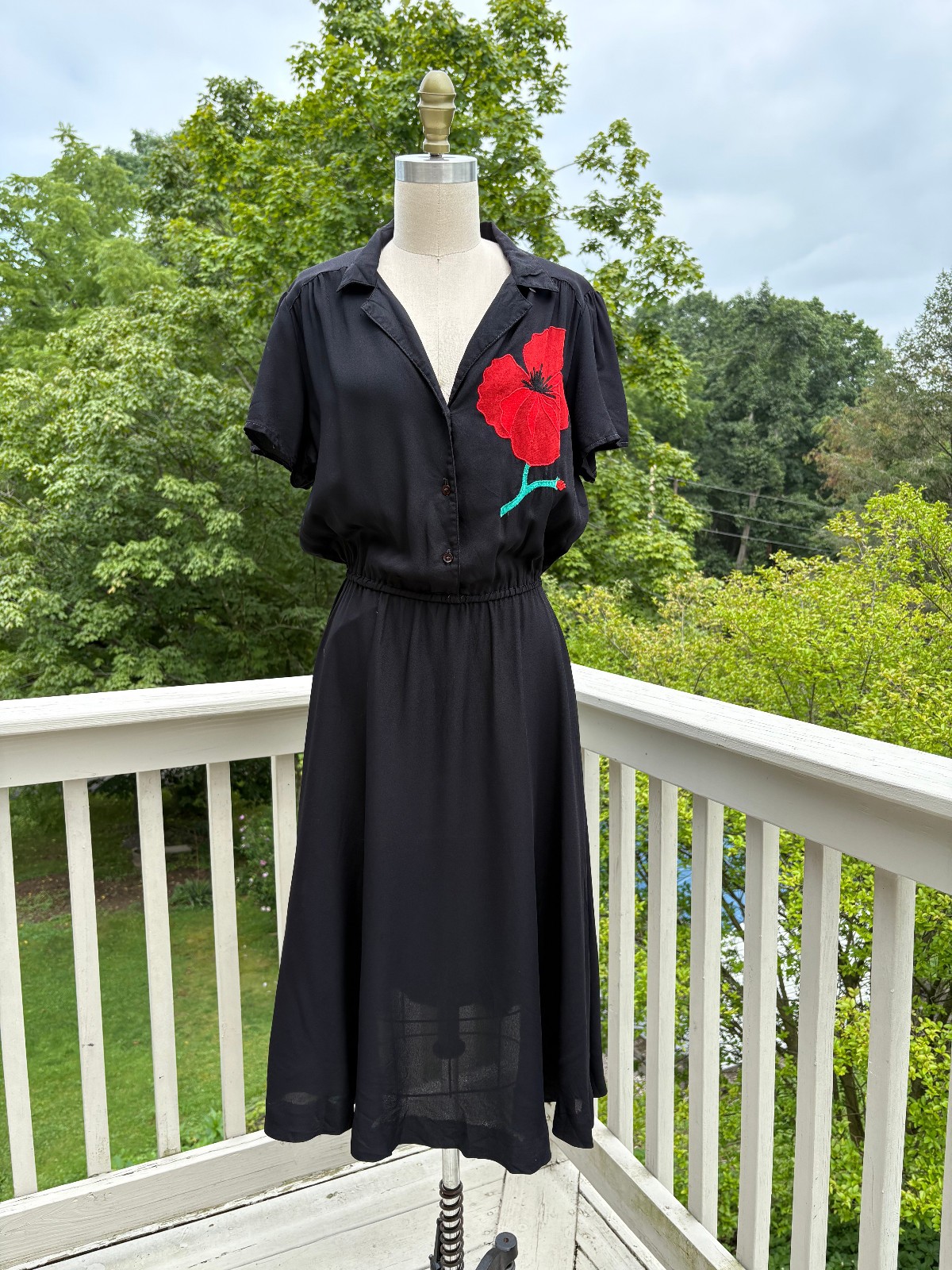 Vintage Miss Ashlee 1940s 50s Inspired Shirt Dress Medium Black Red Rockabilly
