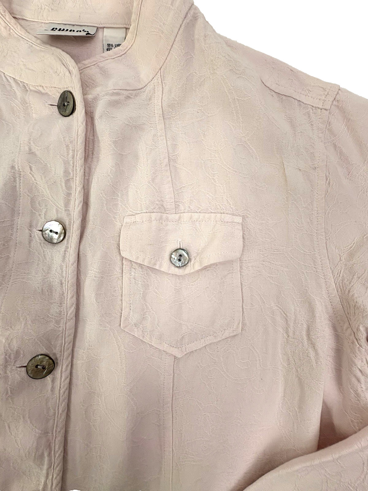 VTG Chico’s Design Linen Blend Jacket Pastel Pink Embossed Mandarin Collar L 3