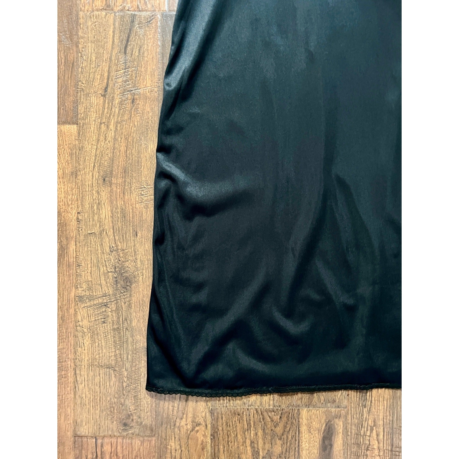 Vintage Nylon Spaghetti Strap Slip Dress Black with Scalloped Embroidery Mistra