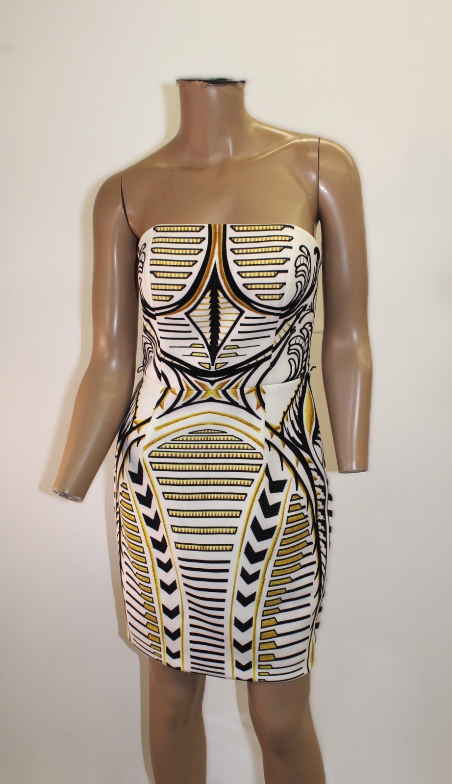 Boston Proper Strapless mini dress Geometric White, Black & Gold Vintage Size 6