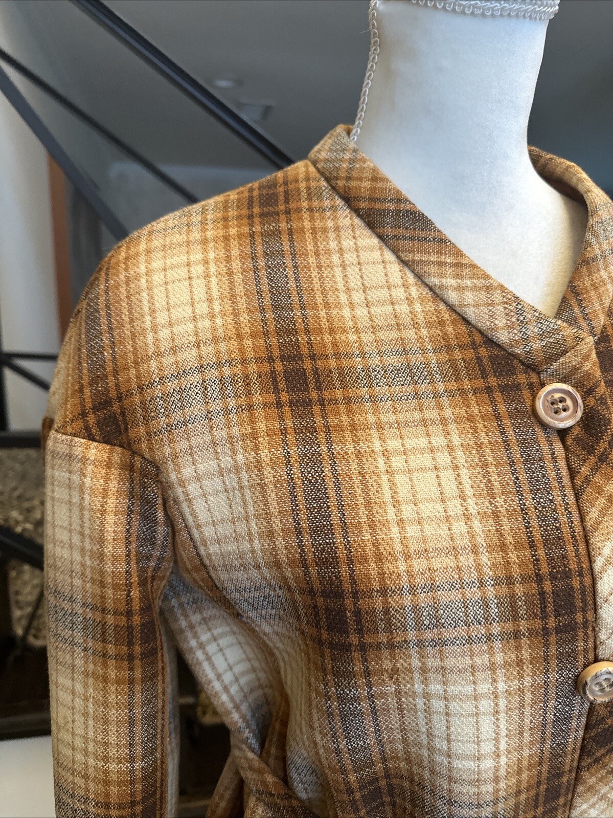 Jacques Tiffeau 60s Brown Tones Wool Blanket Plaid Coat & Pleated Skirt Set S