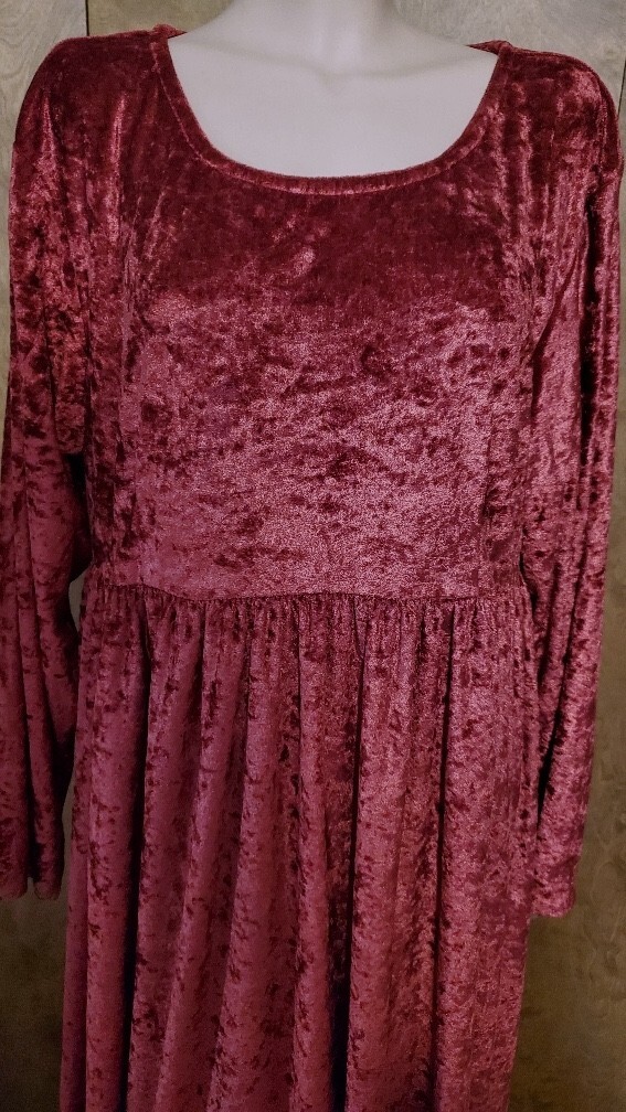 Vintage Moda Int’l Crushed Velvet or Velour Maroon Dress, Made in USA, Sz. 14