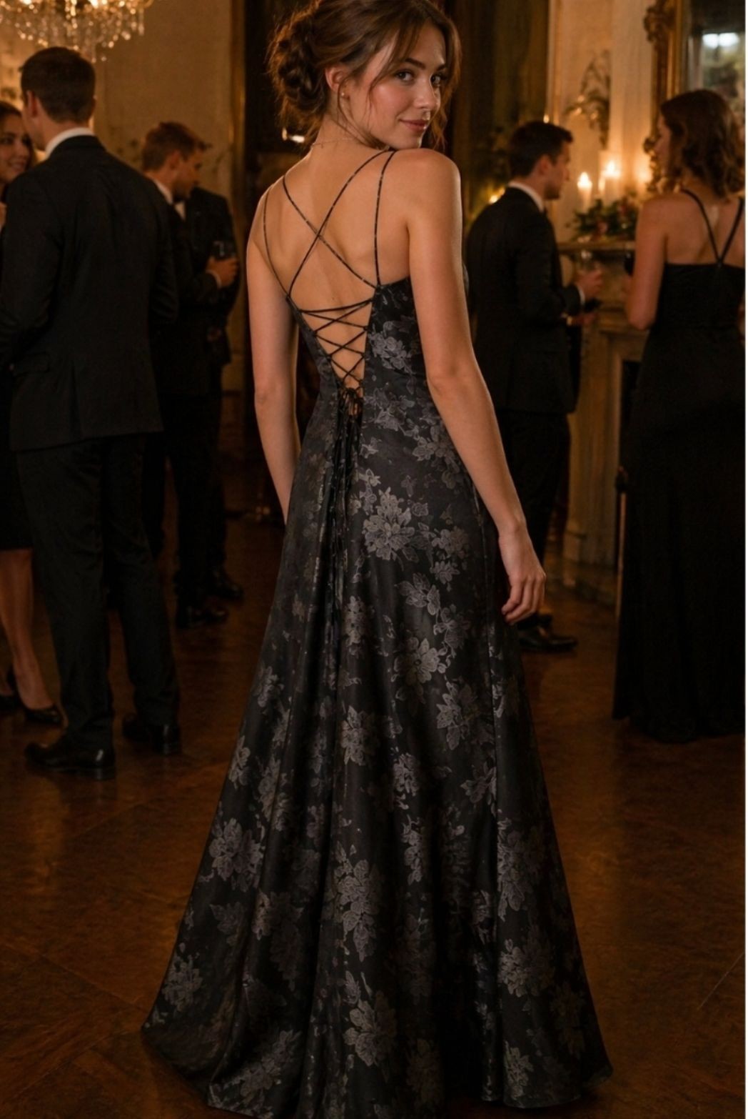 VTG Adrianna Papell Y2K Black Floral Gown Lace-Up Back Satin Formal Dress Whimsy