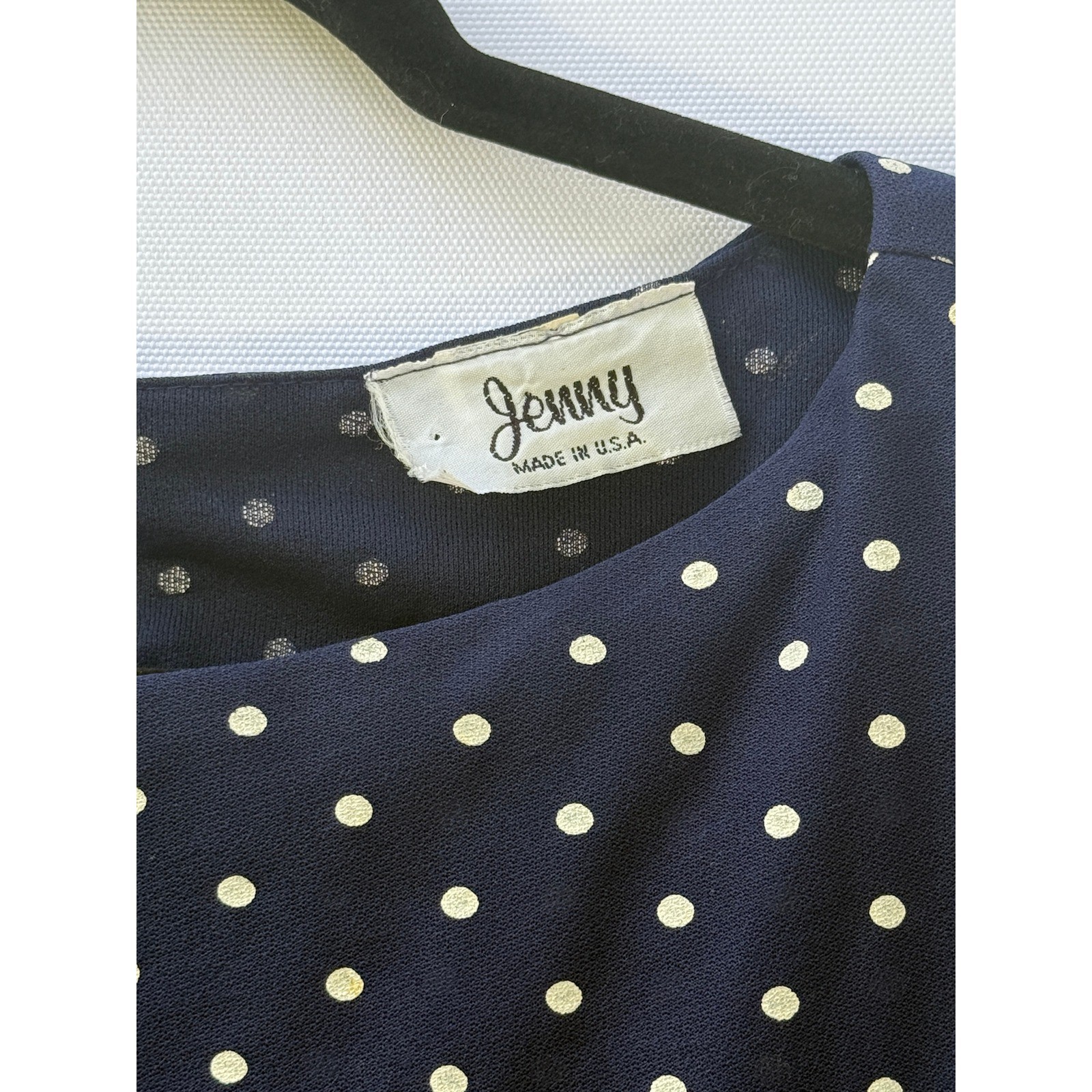 Jenny Women 10 Dress Vintage Navy Polka Dot Faux Wrap Rockabilly Office Nautical