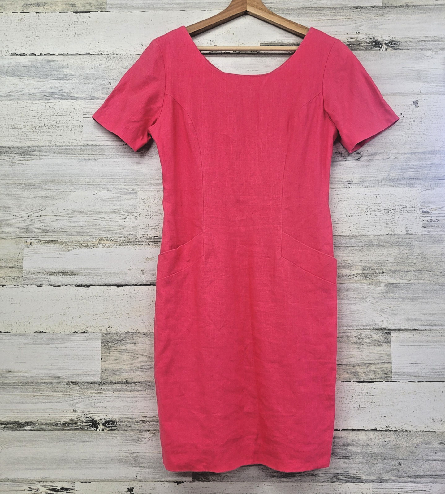 Vintage 90s Ellen Ashley Pink Linen Sheath Dress Pockets Lined Size 4