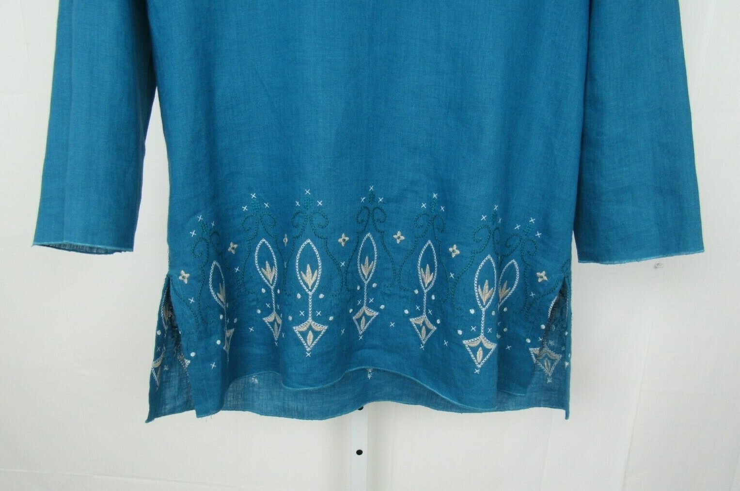 VTG 1980s DANA BUCHMAN TEAL EMBROIDERED LINEN SMOCK TOP & ROPE BELT SIZE 8
